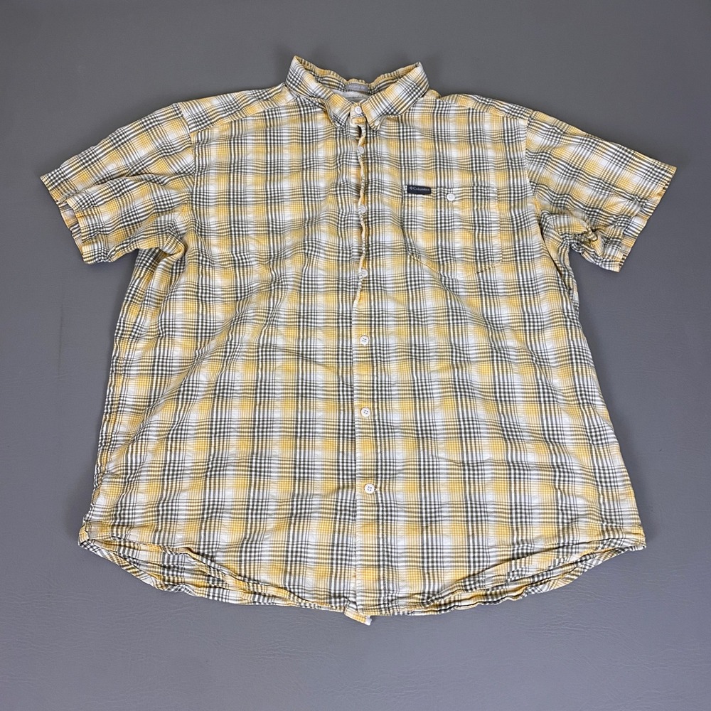 Columbia Shirt Men's Size XL Button Up Short Sleeve Plaid Yellow White Cotton